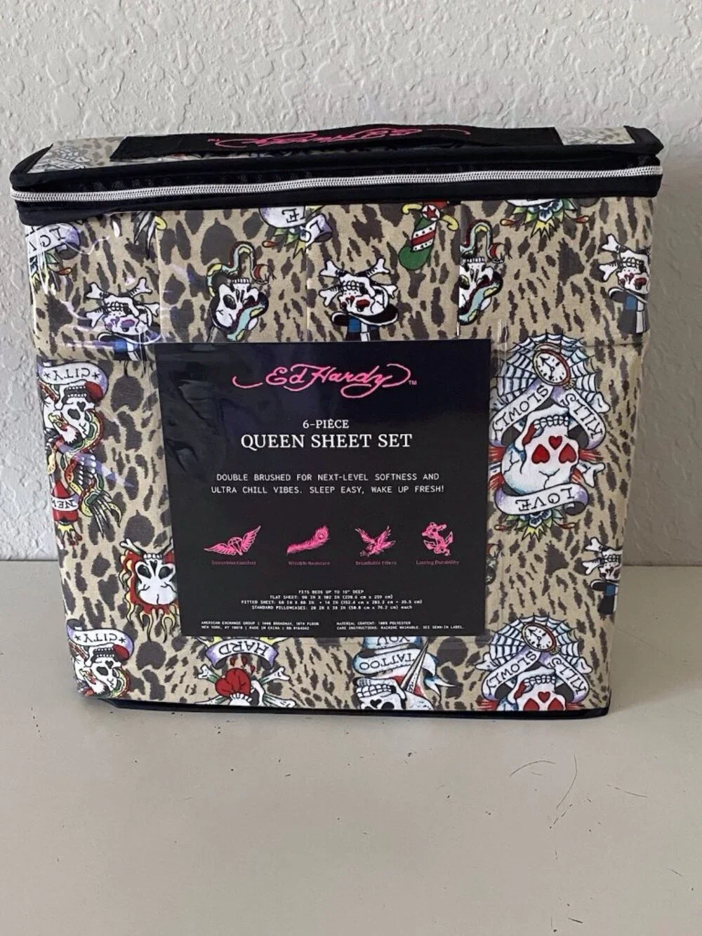 6 PC Ed Hardy QUEEN SIZE Sheet Set Skulls‎ Heart Leopard Animal Print NEW
